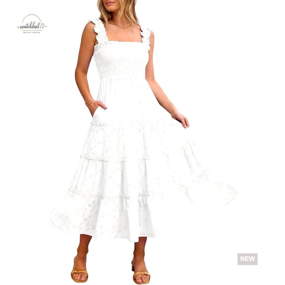 Sleeveless Midi Dress with Smocked Bodice, Tiered Eyelet Skirt, Pockets